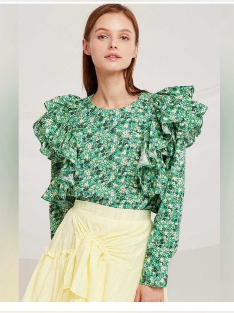 STORETS 100% Cotton Delilah Green Floral Ruffle Blouse - Size: S/M